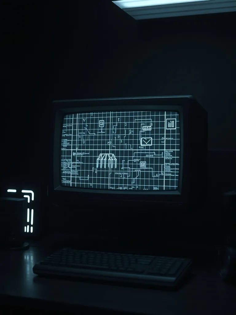 A high-tech digital grid overlaying a vintage 1990s computer