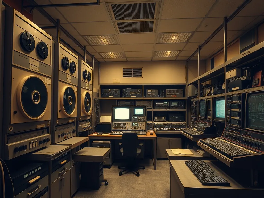 Vintage mainframe computer room from the 1970s with large ta