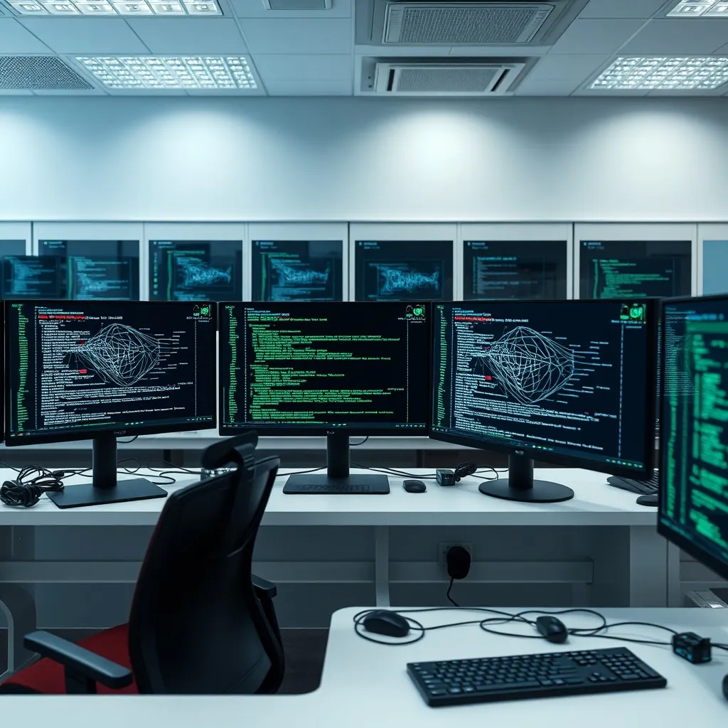 Modern university computer science lab with multiple monitor