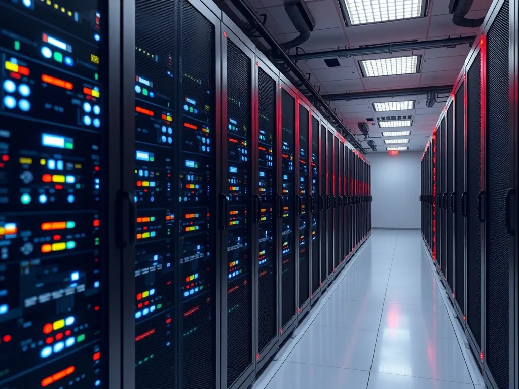 A row of server racks with blinking lights in a data center,