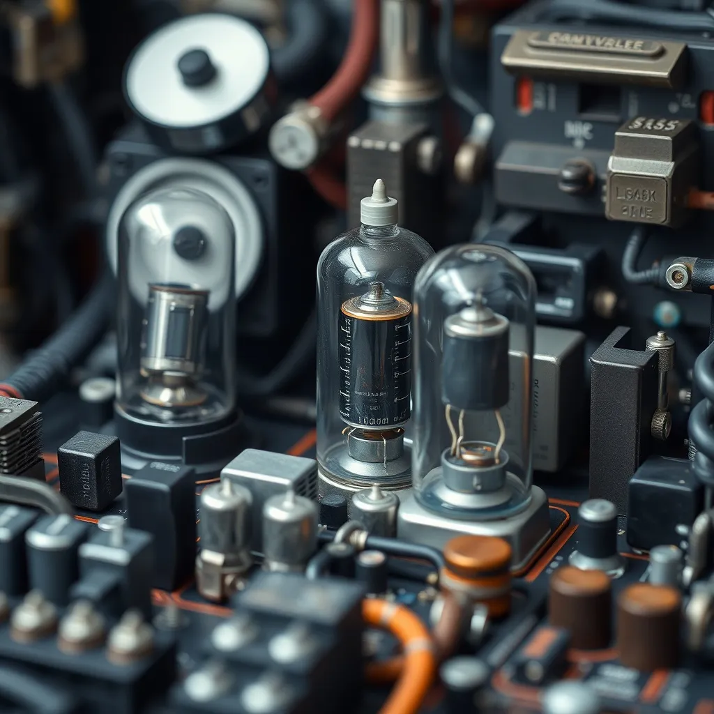 Close up of vintage computer parts, circuits and vacuum tube